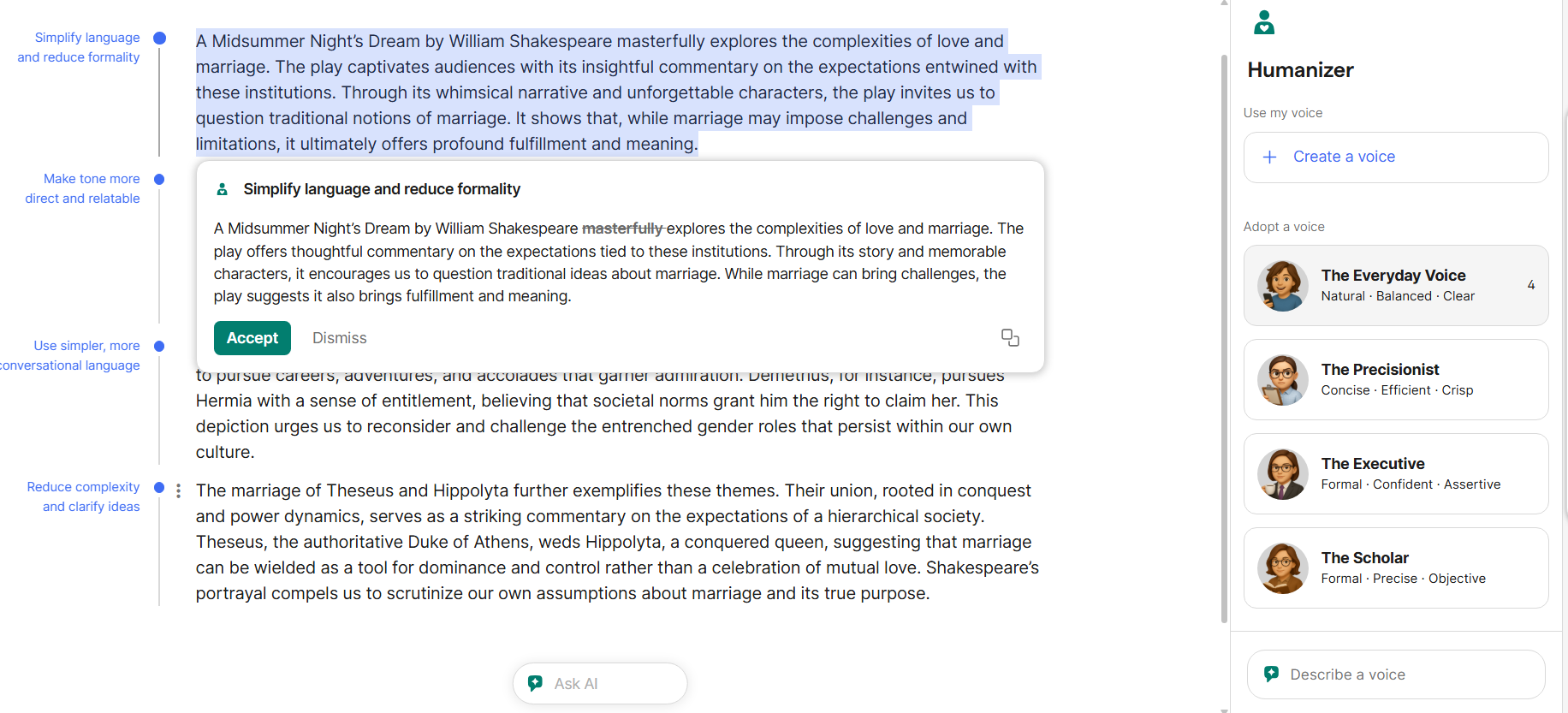 Humanizer: Chuyển các đoạn văn do AI viết sang phong cách tự nhiên, gần gũi với người đọc.