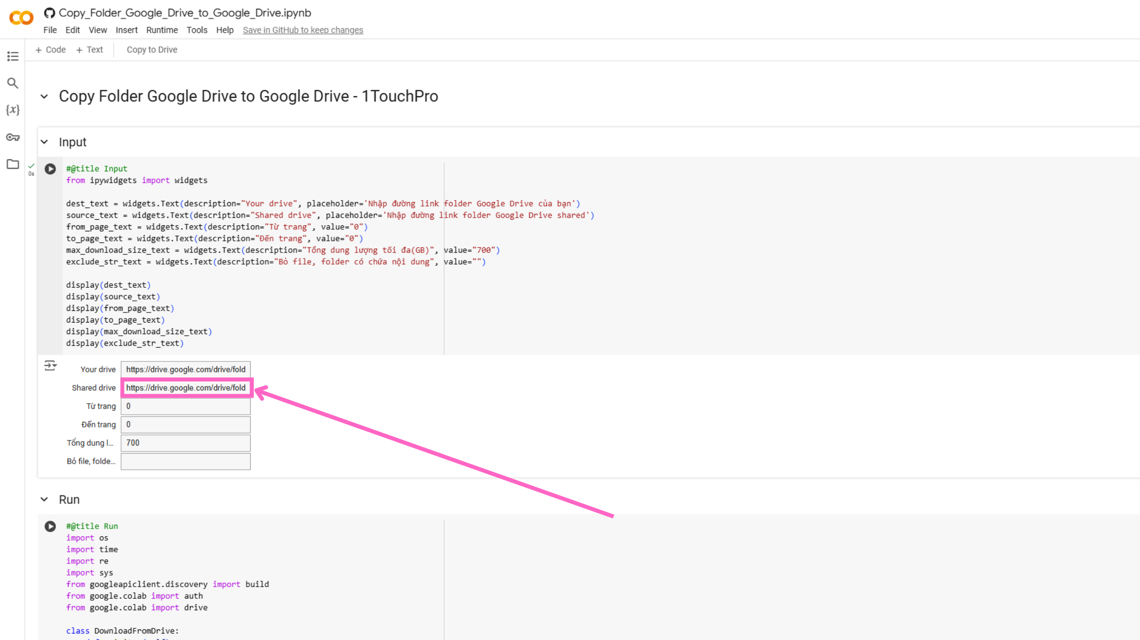 Dán đường dẫn của thư mục muốn sao chép nội dung vào ô "Shared drive"