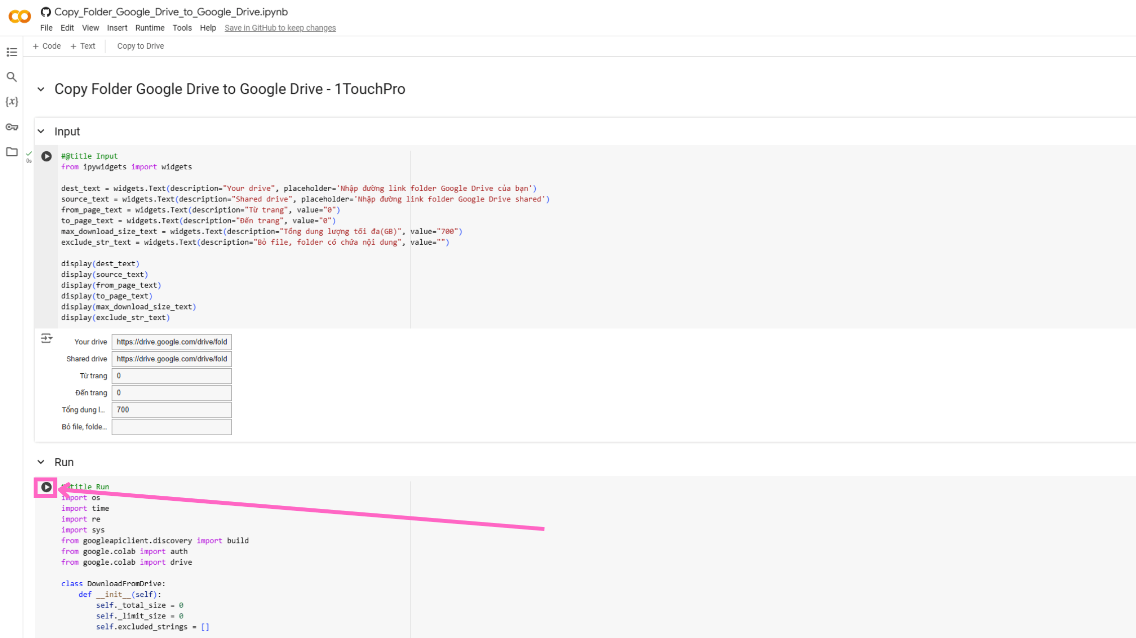 Bắt đầu thao tác "Run"