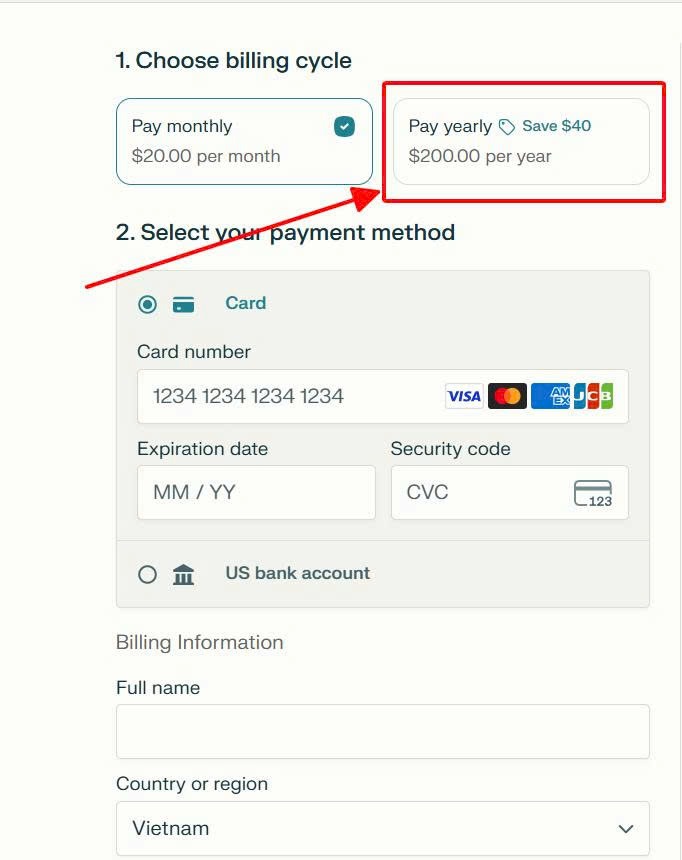 1 năm "Pay Yearly" với giá 200$