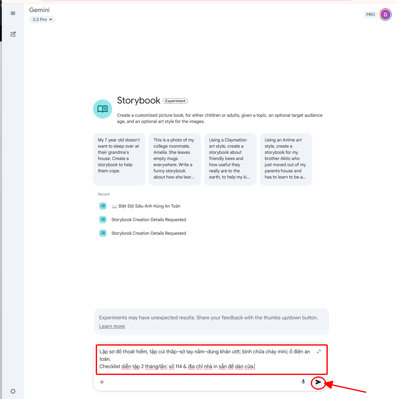 Nhập prompt có chữ storybook và bấm tạo.