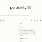 Giao diện Perplexity Pro chọn mô hình Claude Sonnet 4.5 mới, với tùy chọn reasoning và các model AI khác như GPT-5, Gemini 2.5 Pro.