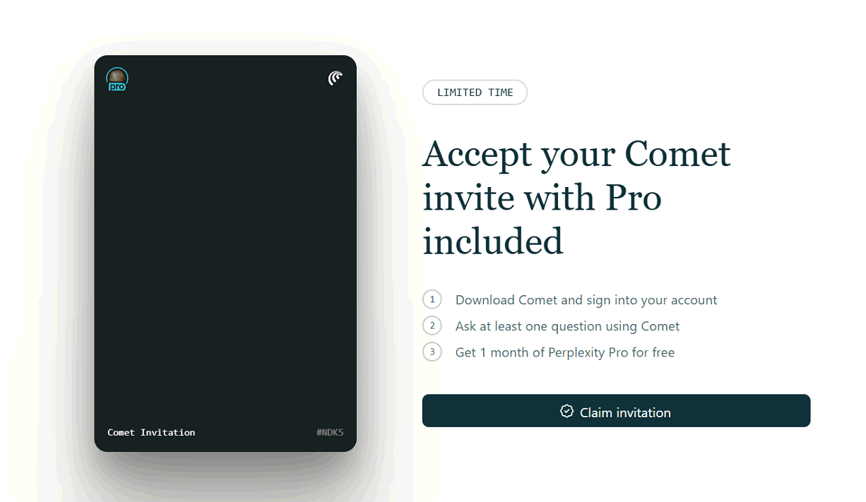 Trang mời dùng Comet Browser kèm Perplexity Pro miễn phí, giao diện xác nhận lời mời sử dụng.
