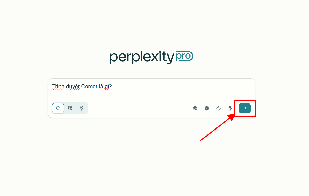 Giao diện Perplexity Pro trong trình duyệt Comet với người dùng nhập câu hỏi và chuẩn bị gửi truy vấn.