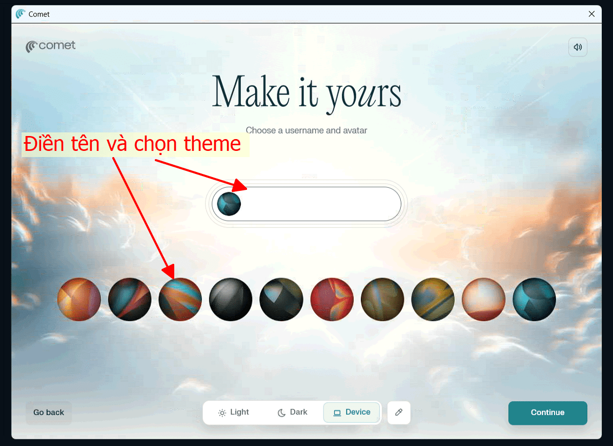 Giao diện cá nhân hóa Comet Browser – điền tên người dùng và chọn avatar/theme.