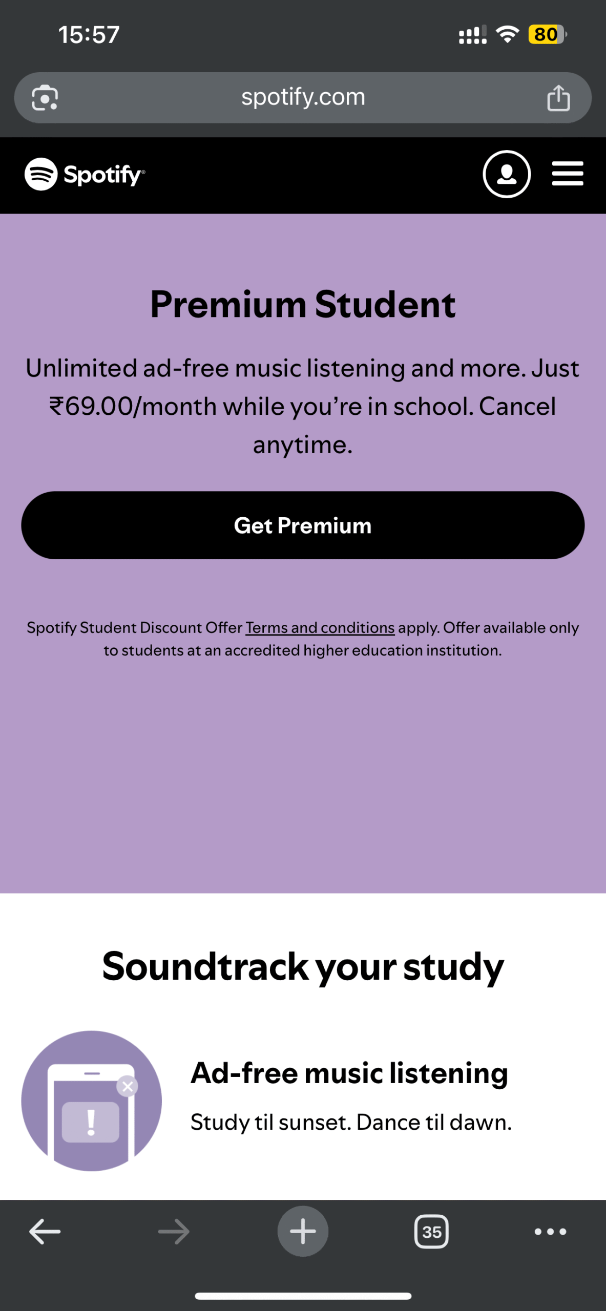 Chọn gói Spotify Premium Student và nhấn Get Premium để bắt đầu xác minh sinh viên trên điện thoại