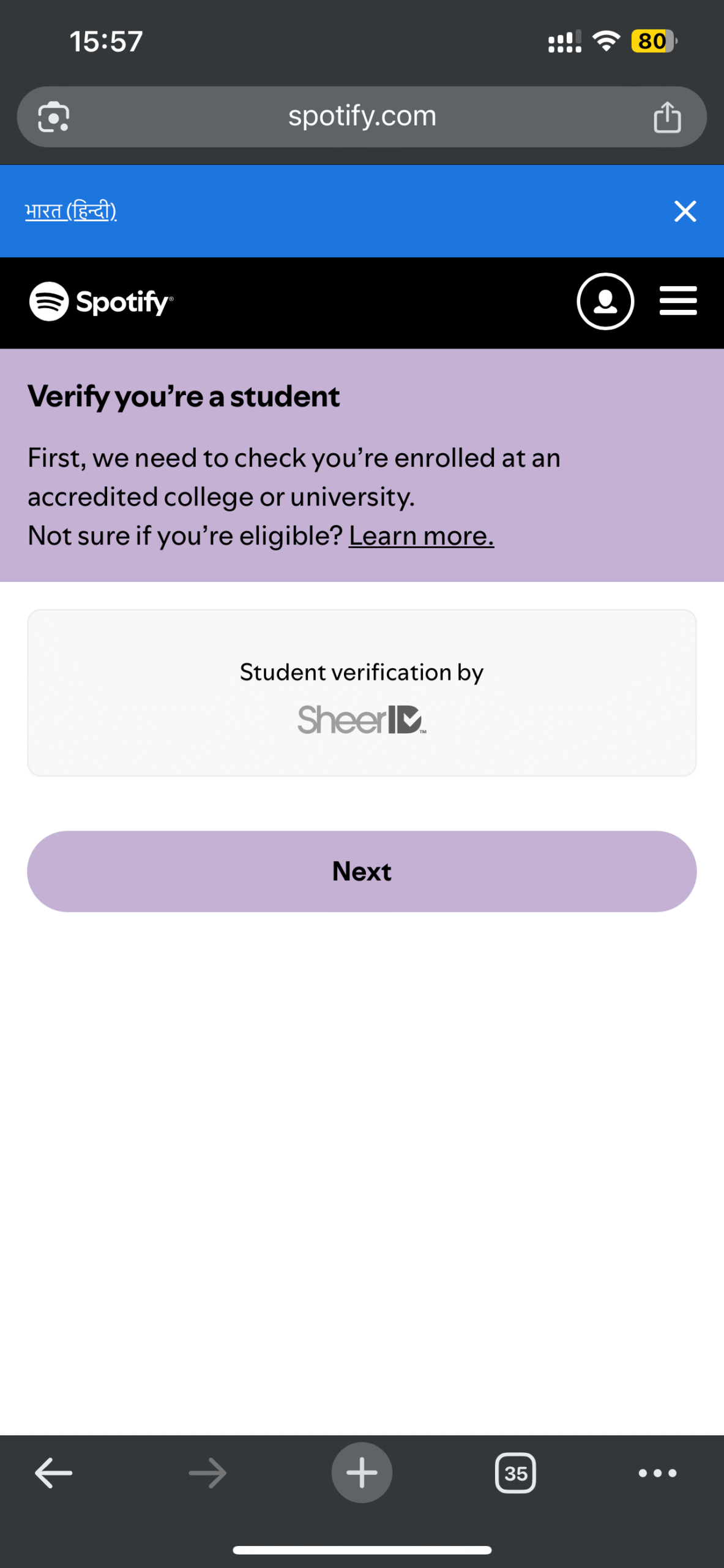 Bước xác minh sinh viên Spotify Premium – nhấn Next để tiếp tục qua SheerID trên điện thoại