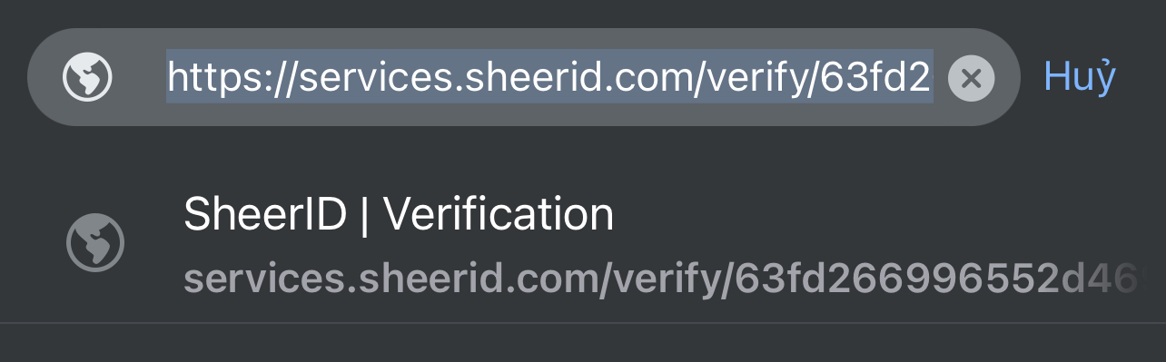 Sao chép toàn bộ đường dẫn SheerID verification để gửi cho shop xác minh Spotify Premium Student trên điện thoại
