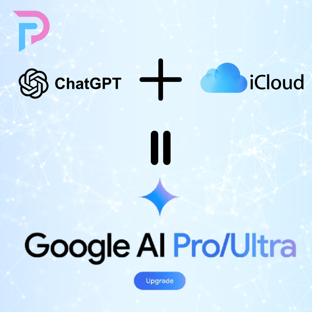 So sánh ChatGPT và iCloud hợp nhất trong Google AI Pro/Ultra – Thiết kế công nghệ cao, nền sáng xanh tím