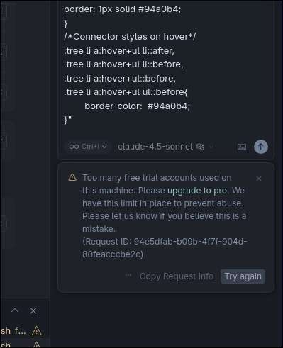 Lỗi “Too many free trial accounts used on this machine” khi sử dụng Cursor AI