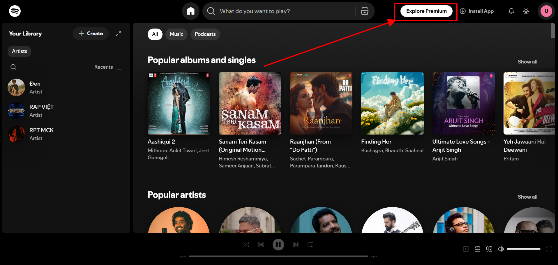Giao diện Spotify Web hiển thị nút Explore Premium để đăng ký Spotify Premium Sinh Viên chỉ 33K/tháng trên máy tính