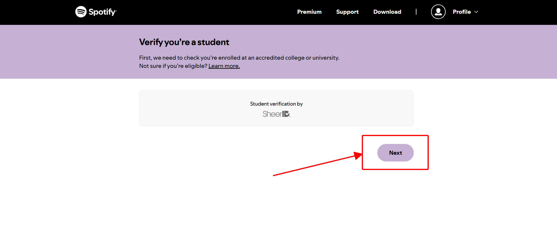 Bước xác minh sinh viên Spotify Premium – chọn “Next” để xác nhận thông tin tài khoản sinh viên qua SheerID trên máy tính