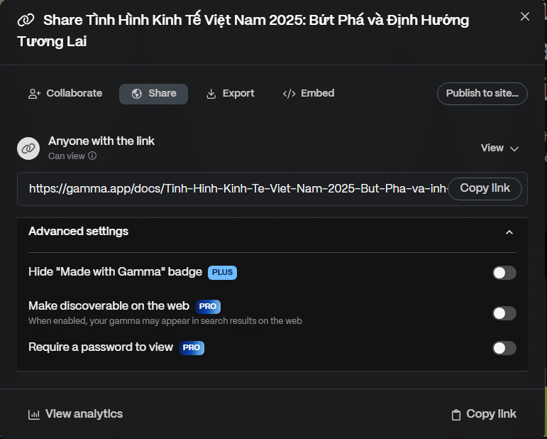 Giao diện chia sẻ tài liệu trong Gamma với tuỳ chọn copy link, ẩn badge Made with Gamma và cài đặt bảo mật nâng cao.