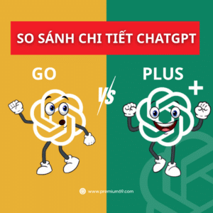 Hình minh họa so sánh ChatGPT Go và ChatGPT Plus với biểu tượng hoạt hình vui nhộn trên nền vàng và xanh.