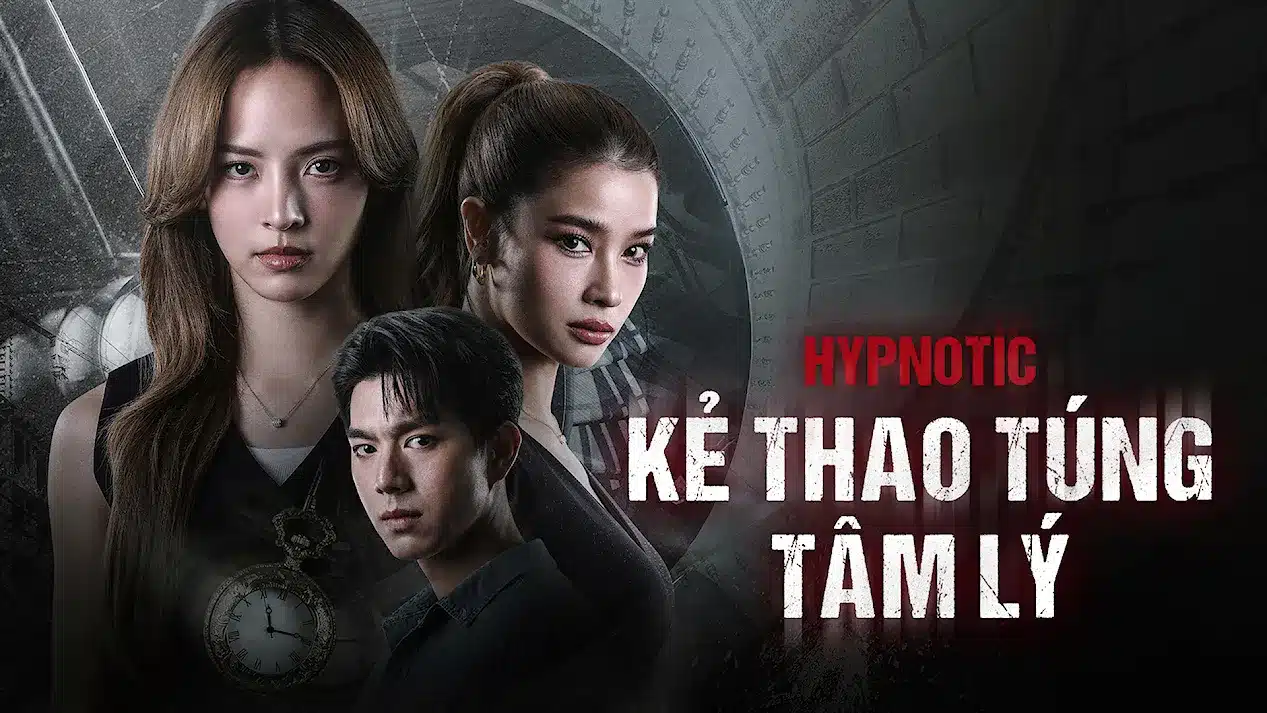 Poster phim Kẻ Thao Túng Tâm Lý (Hypnotic) với ba nhân vật chính trong tông màu u ám.