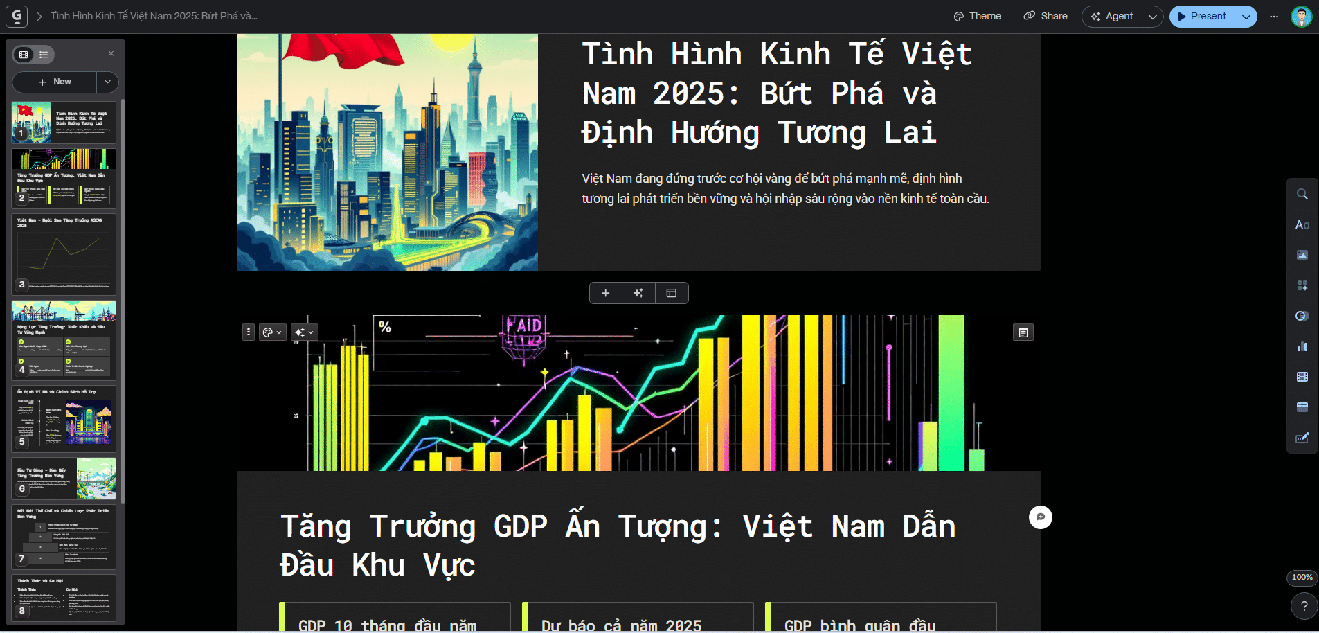 Giao diện chỉnh sửa slide của Gamma với bài thuyết trình Tình hình Kinh tế Việt Nam 2025, gồm hình minh họa thành phố và biểu đồ tăng trưởng GDP.
