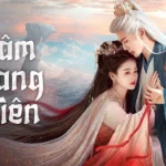 Poster phim Lâm Giang Tiên (Feud) – hai nhân vật chính trong khung cảnh cổ đại, ánh hoàng hôn rực đỏ, biểu cảm đau thương.