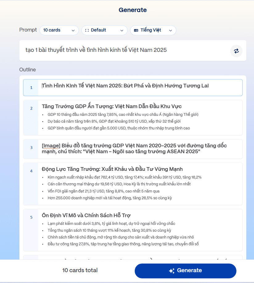 Giao diện Gamma Generate tạo outline bài thuyết trình về tình hình kinh tế Việt Nam 2025 với 10 thẻ nội dung.