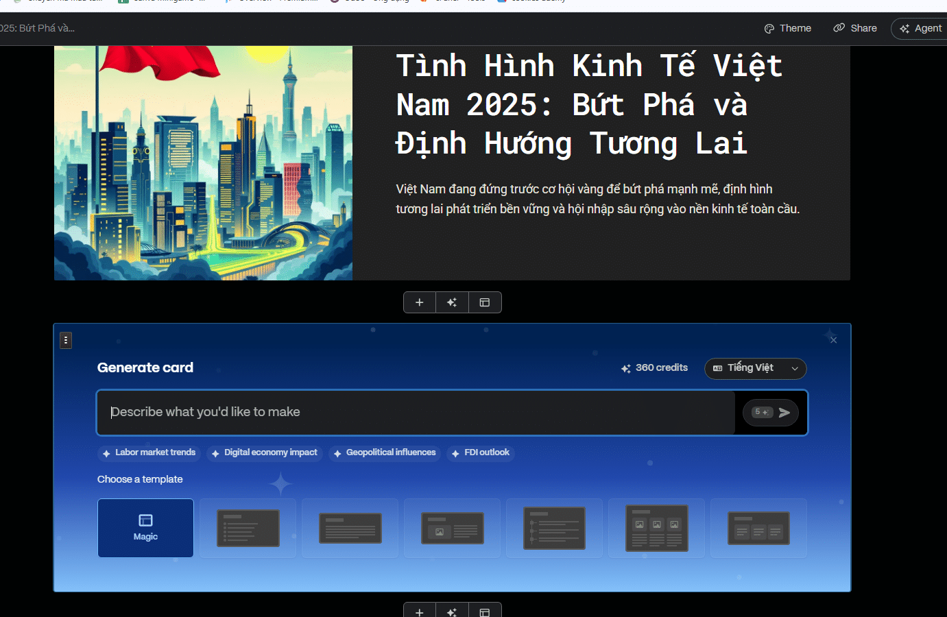 Giao diện Generate card của Gamma với ô nhập nội dung và các template để tạo slide tự động.