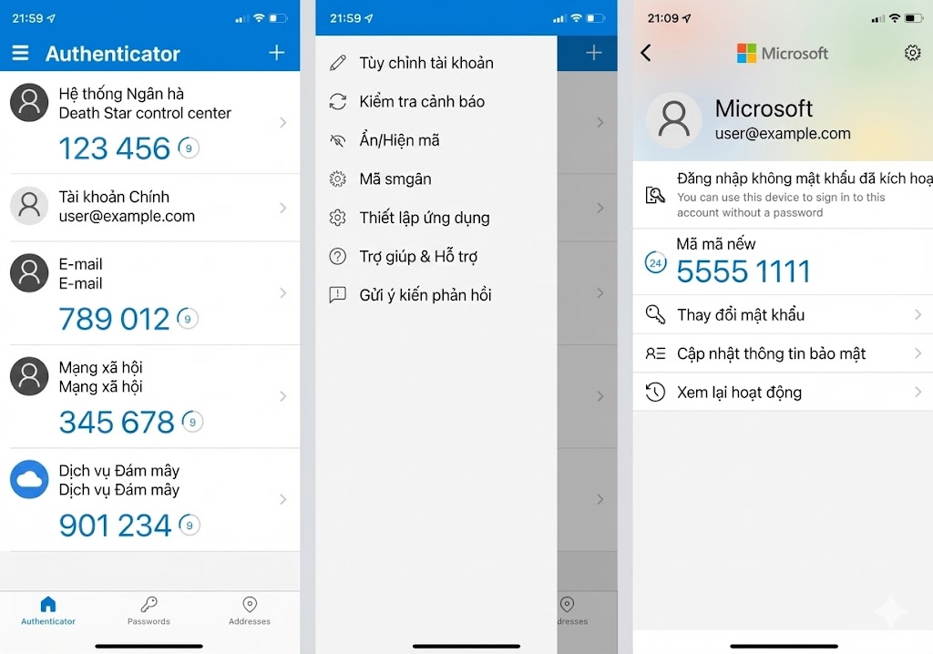 Giao diện ứng dụng Microsoft Authenticator hiển thị danh sách mã xác thực 2FA và menu cài đặt bằng tiếng Việt