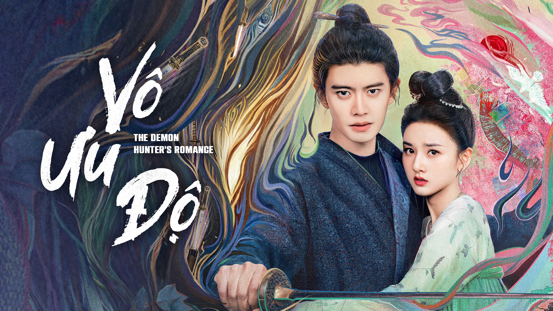 Poster phim Vô Ưu Độ – The Demon Hunter’s Romance với hình ảnh cặp đôi chính trong trang phục cổ trang, tay cầm kiếm giữa bối cảnh huyền ảo.