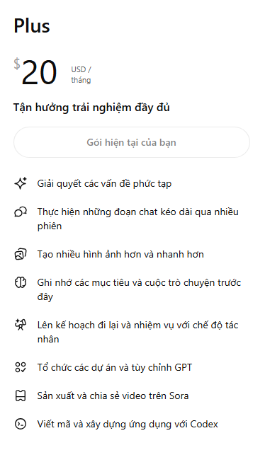 Danh sách quyền lợi gói ChatGPT Plus giá 20 USD/tháng bao gồm tạo video Sora và viết mã Codex