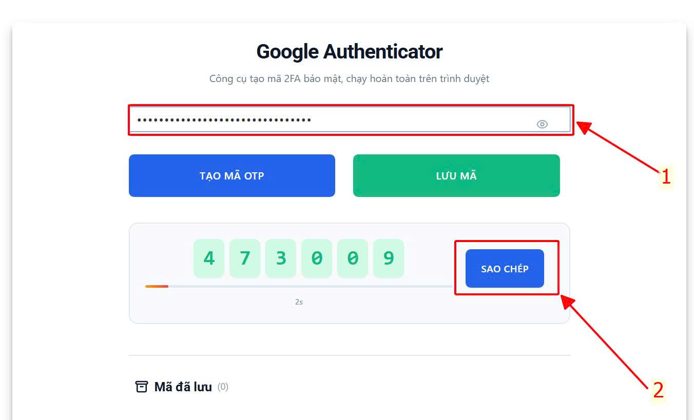 Mã khóa bí mật hiện ra thay thế mã QR với nút Copy code được khoanh đỏ