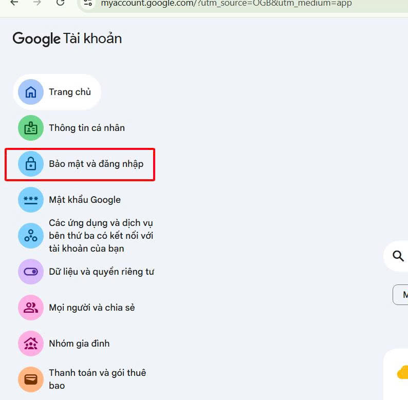 Menu bên trái trang quản lý Tài khoản Google, khoanh đỏ mục Bảo mật để vào cài đặt an toàn.
