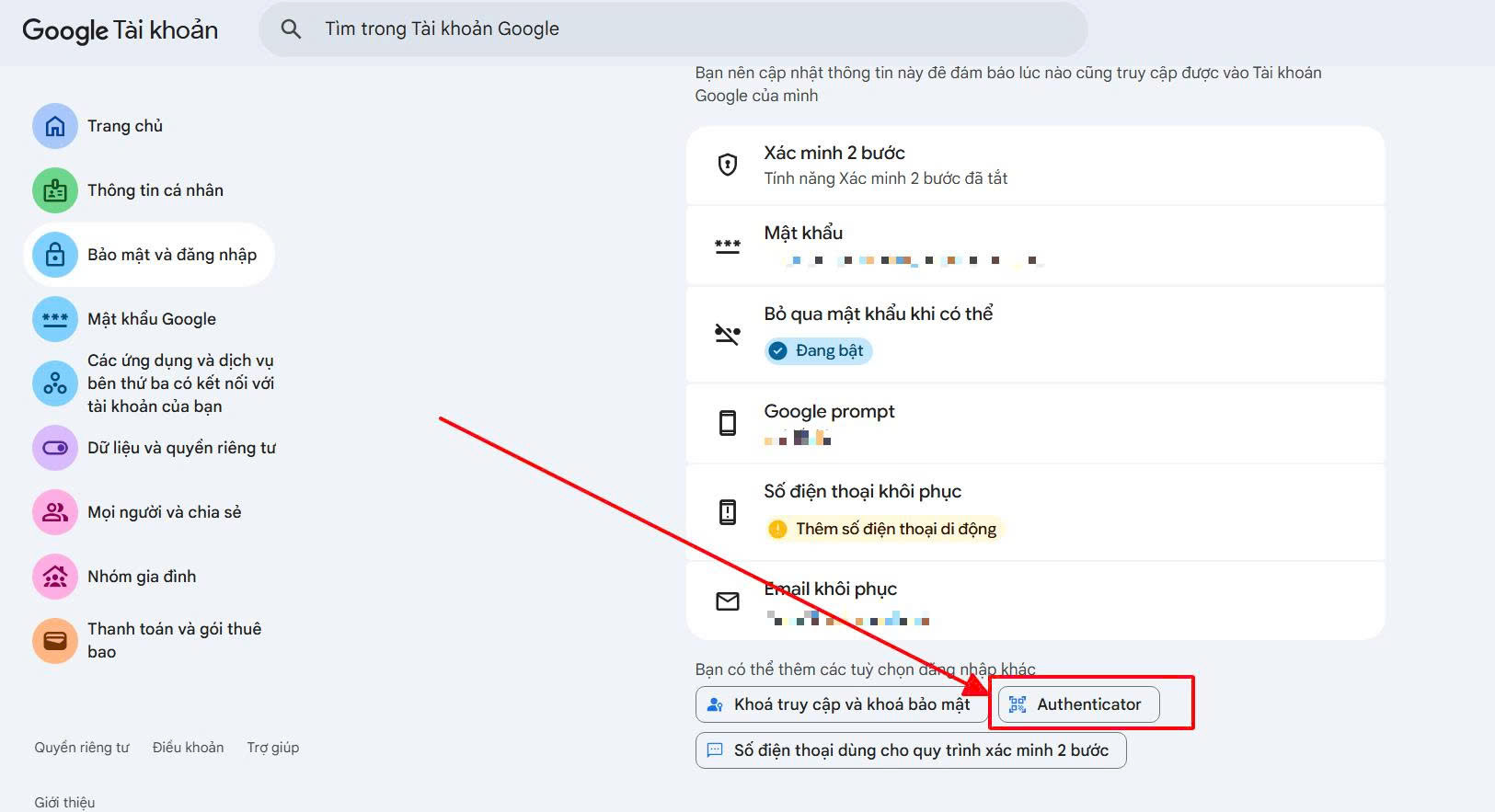 Danh sách các tùy chọn đăng nhập khác trong Google, khoanh vùng chọn mục Authenticator.