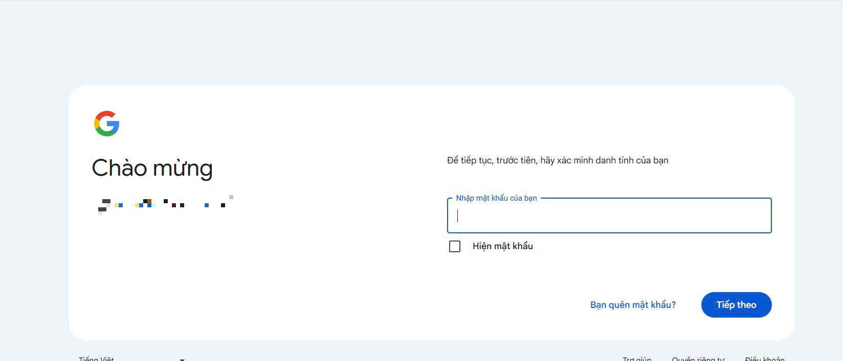 Giao diện đăng nhập Google yêu cầu nhập mật khẩu để xác minh danh tính người dùng.