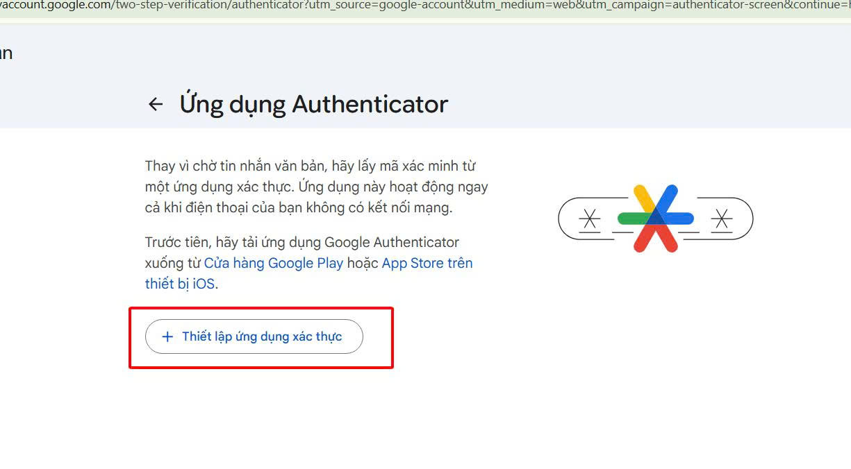 Màn hình giới thiệu tính năng Authenticator với nút bấm Thiết lập ứng dụng xác thực được khoanh đỏ.
