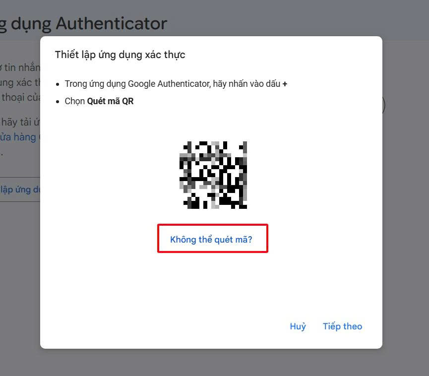 Popup hiển thị mã QR Code để quét, khoanh đỏ dòng chữ Không thể quét mã dành cho nhập thủ công.