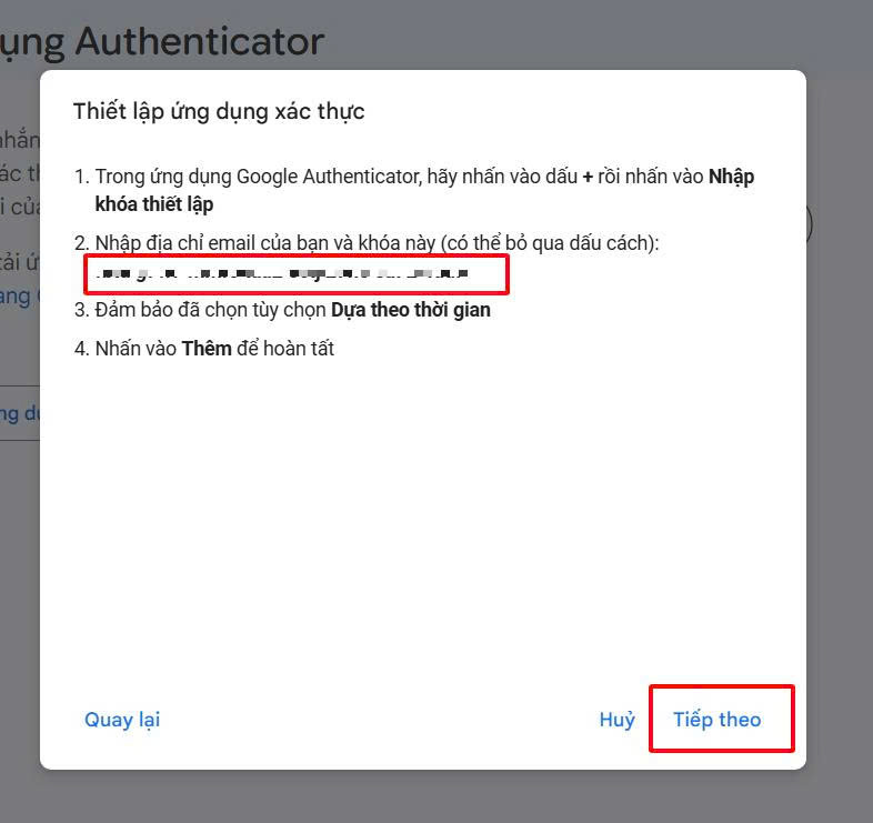 Chuỗi ký tự khóa thiết lập 2FA của Google gồm chữ và số được khoanh vùng để sao chép.