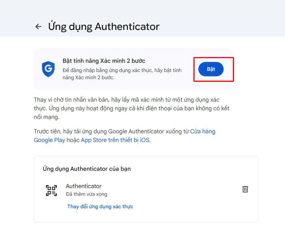 Thông báo đã thêm Authenticator thành công, khoanh đỏ nút Bật để kích hoạt tính năng.