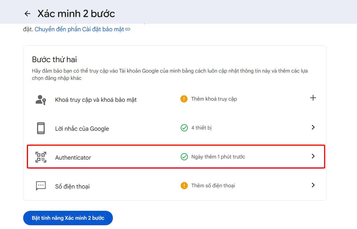 Giao diện xác minh 2 bước Google hiển thị tùy chọn ứng dụng Authenticator đã được thêm thành công